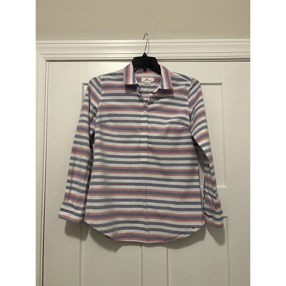 Vineyard Vines 1/2-Button Shirt Tunic Blouse Top Blue White Pink Stripe Size 10 - Picture 1 of 5